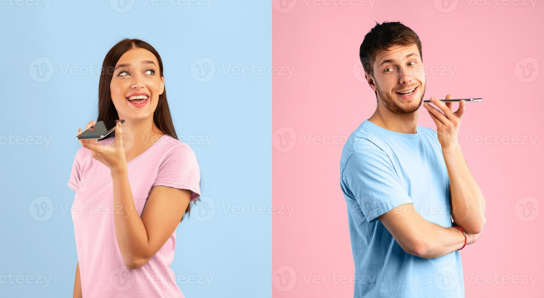 Communication Concept. Couple talking on phone holding gadget near mouth, posing on studio wall photo