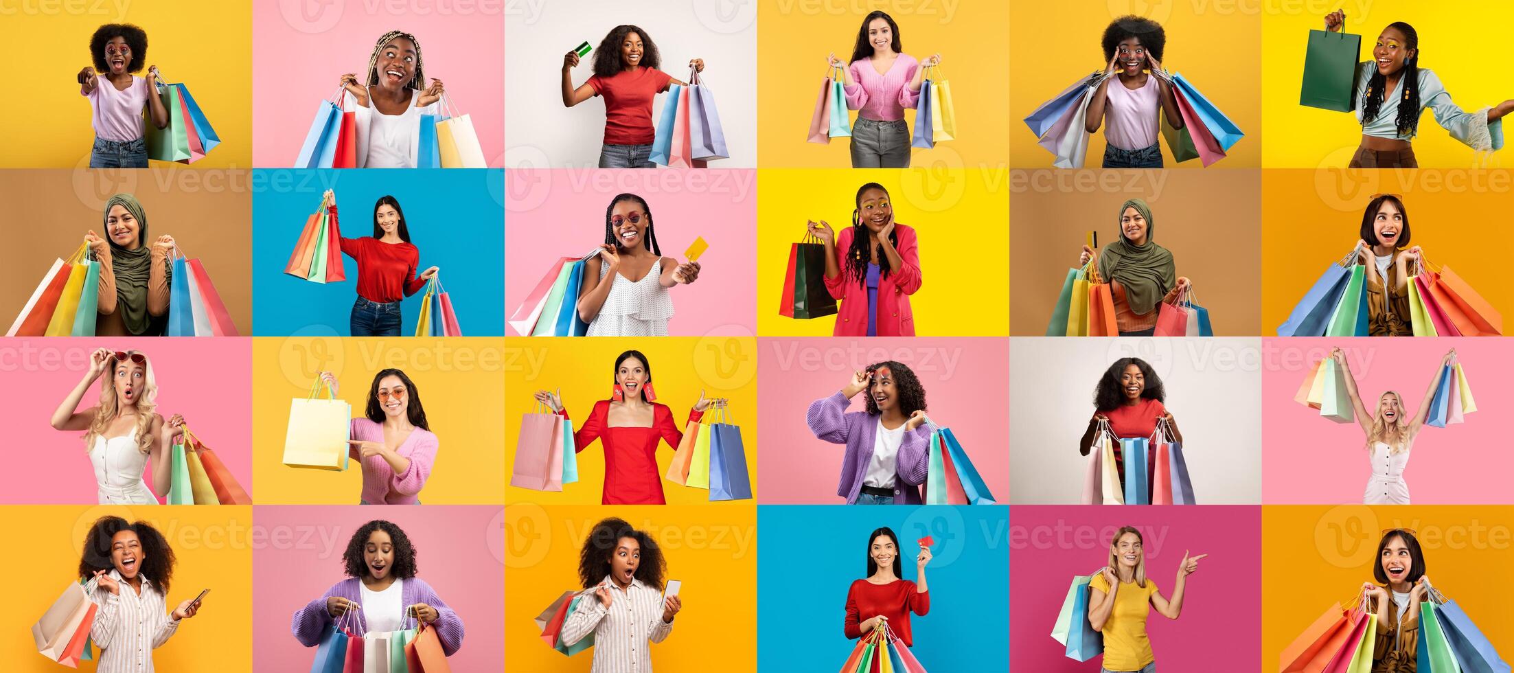 Diverse group of people enthusiastically displaying shopping bags while celebrating sales during a Black Friday event. They showcase a variety of colors and patterns amidst vibrant backgrounds. photo