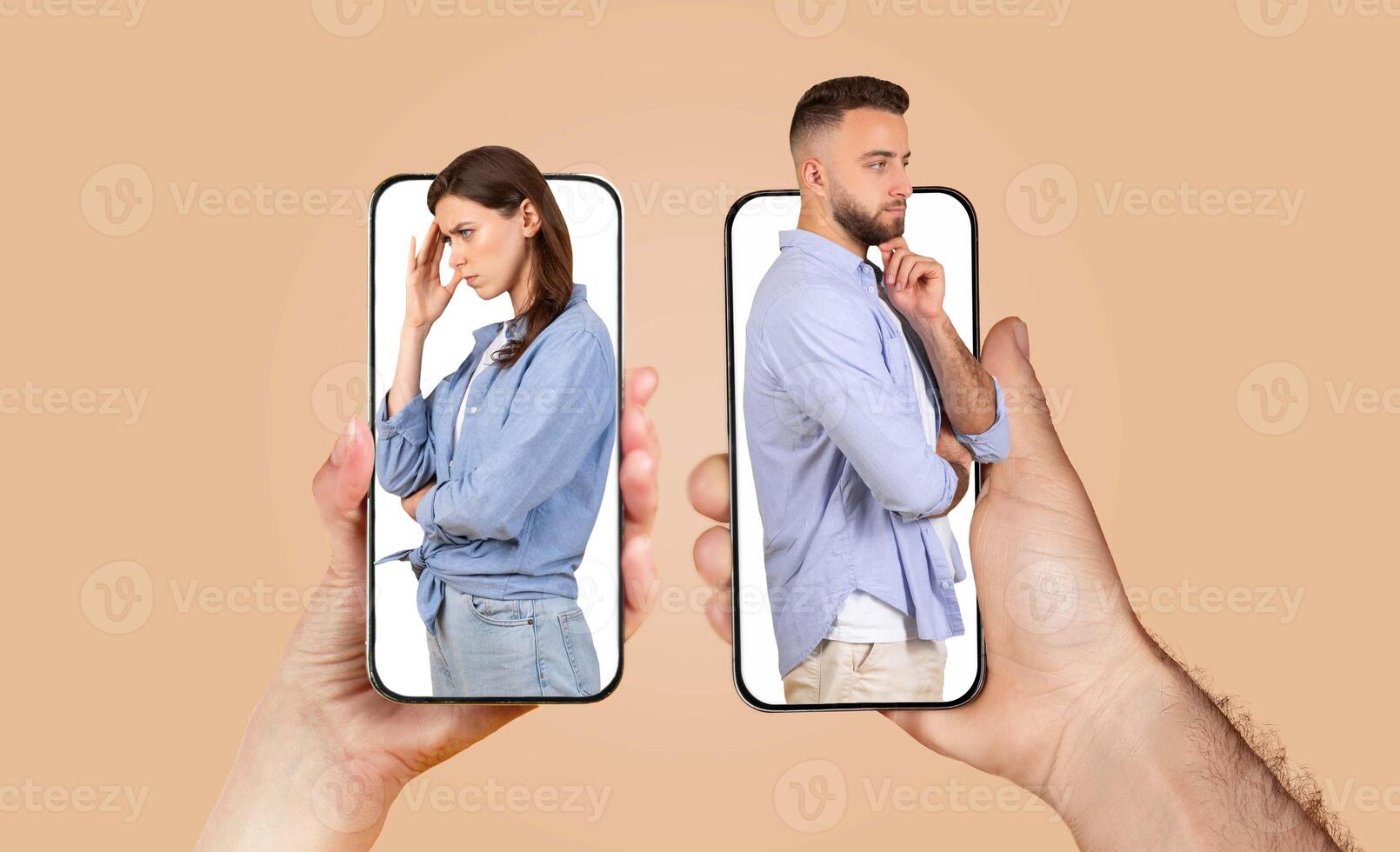 A couple in a loving relationship uses their smartphones to connect, showing affection even while apart. Their expressions reflect deep communication and modern lifestyle challenges. photo
