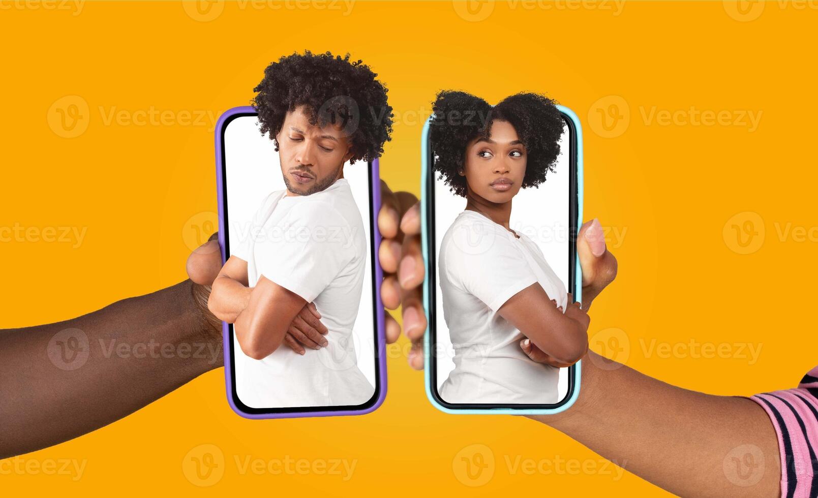 African American couple is seen using their smartphones to communicate. They display different emotions as they engage in a digital conversation. photo