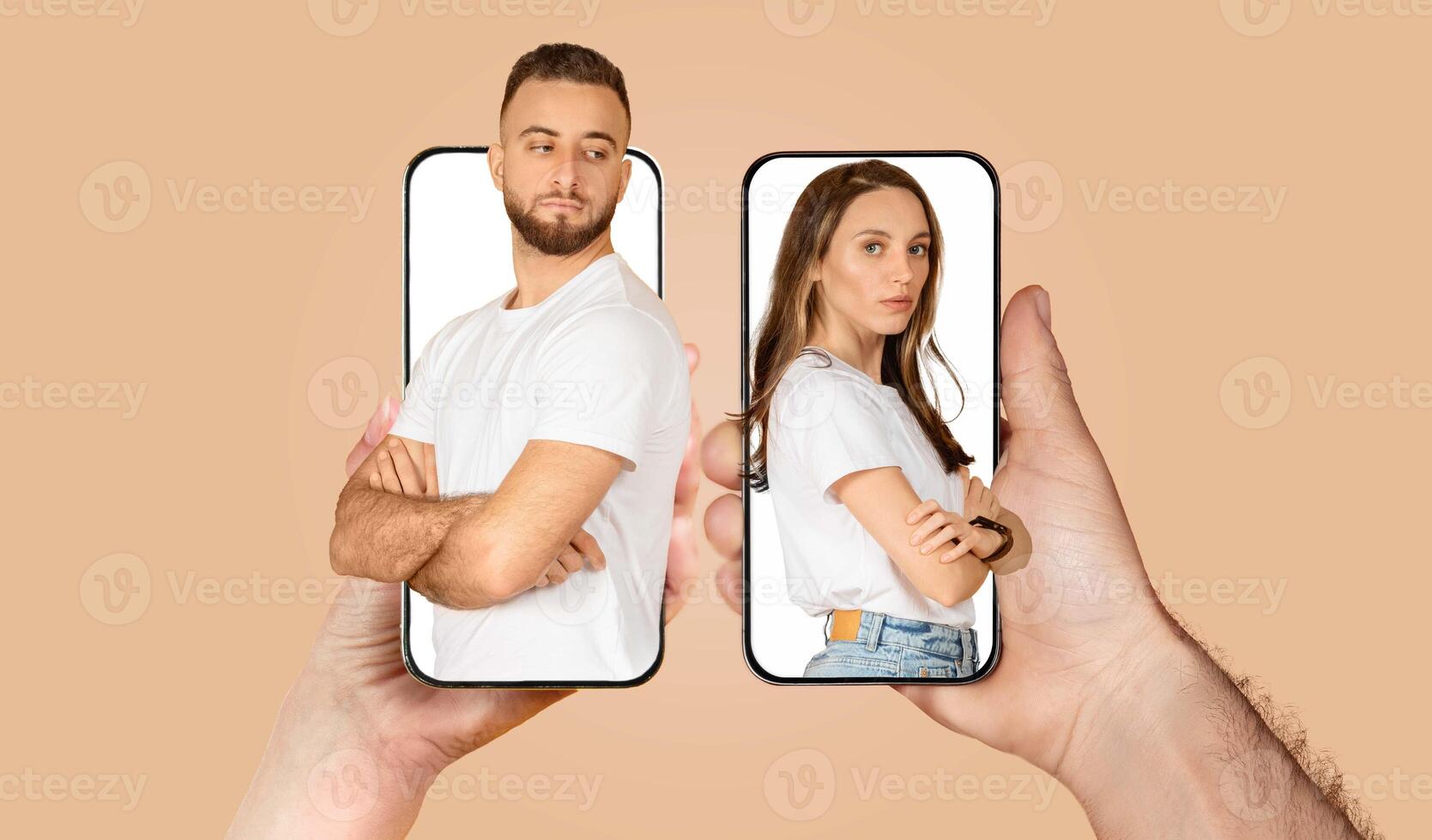 A couple is depicted communicating through their smartphones, showcasing their connection despite physical distance. They are both dressed casually, highlighting a modern lifestyle. photo