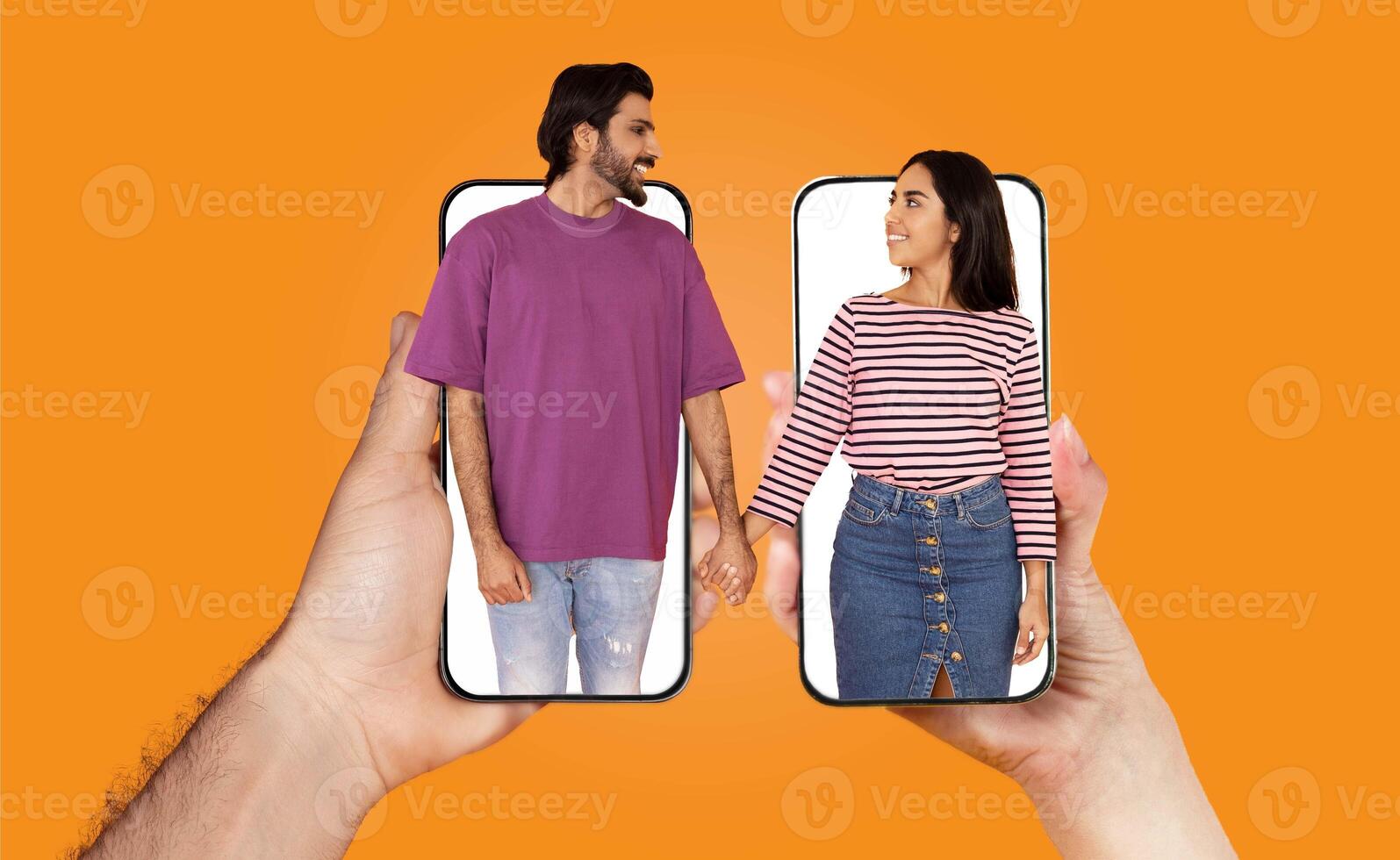A couple engages in a loving interaction by holding hands while using their smartphones. This collage highlights their digital connection in a vibrant setting. photo