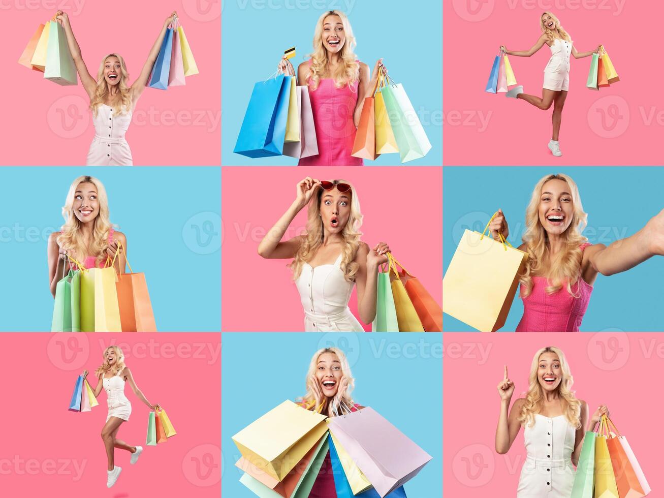 People are joyfully shopping during a discount sale event, showcasing colorful bags and lively expressions. This dynamic collage highlights the excitement of finding great deals. photo
