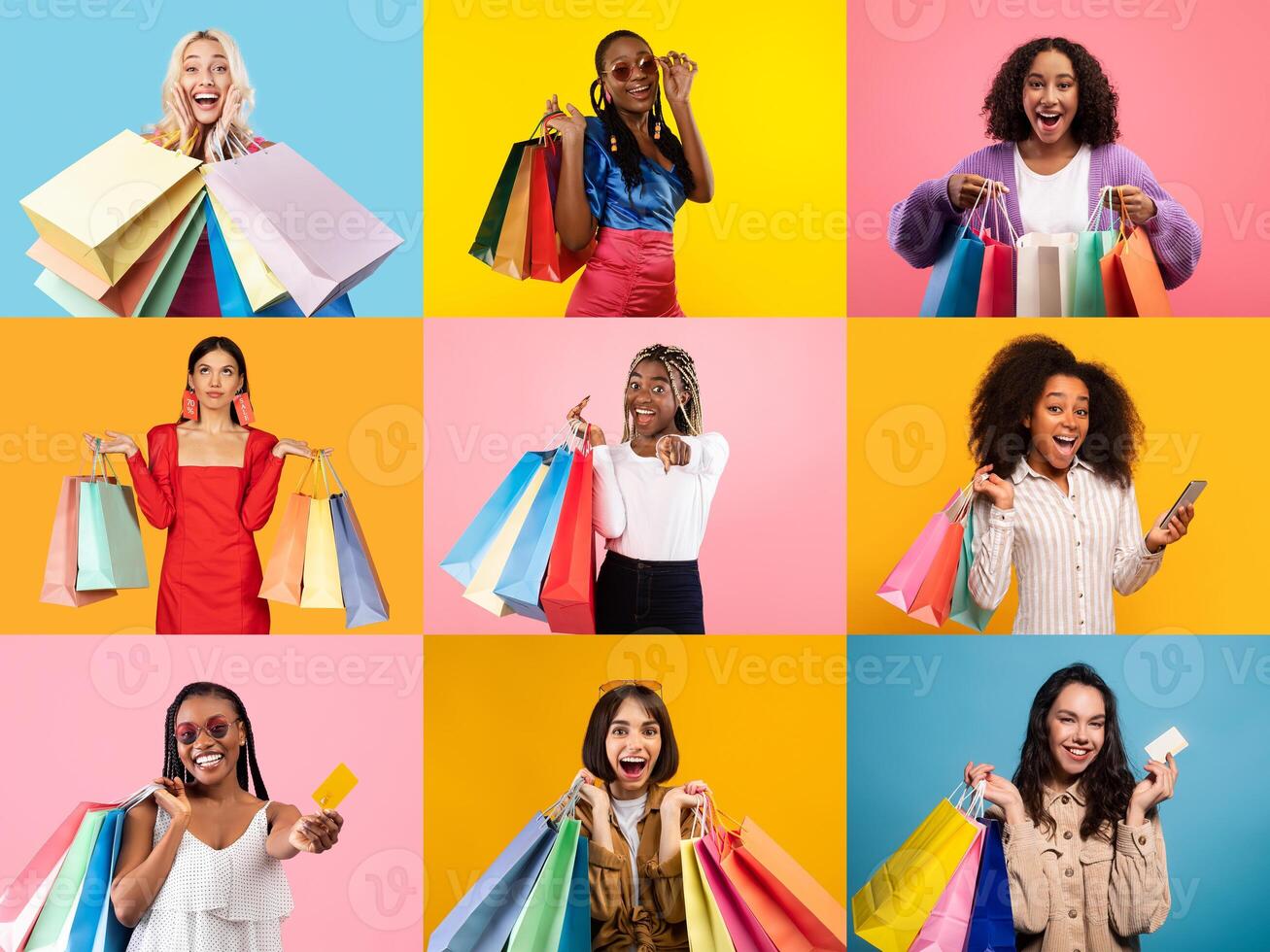 People are joyfully participating in black Friday shopping, showcasing colorful bags filled with bargains. This isolated collage captures the excitement and deals available during the festive sales. photo