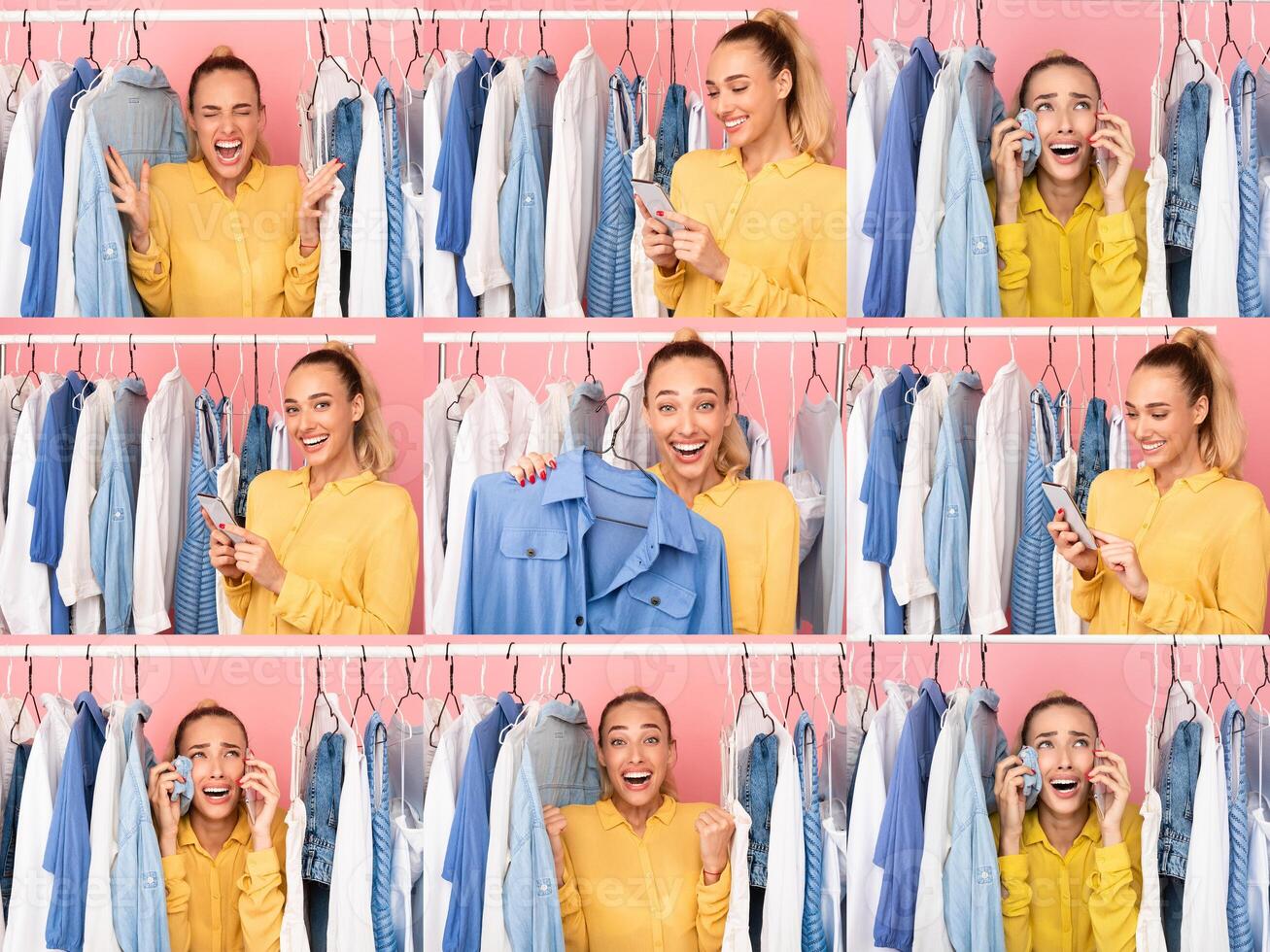 A cheerful individual experiences enthusiasm while shopping for clothes during a black Friday sale. photo