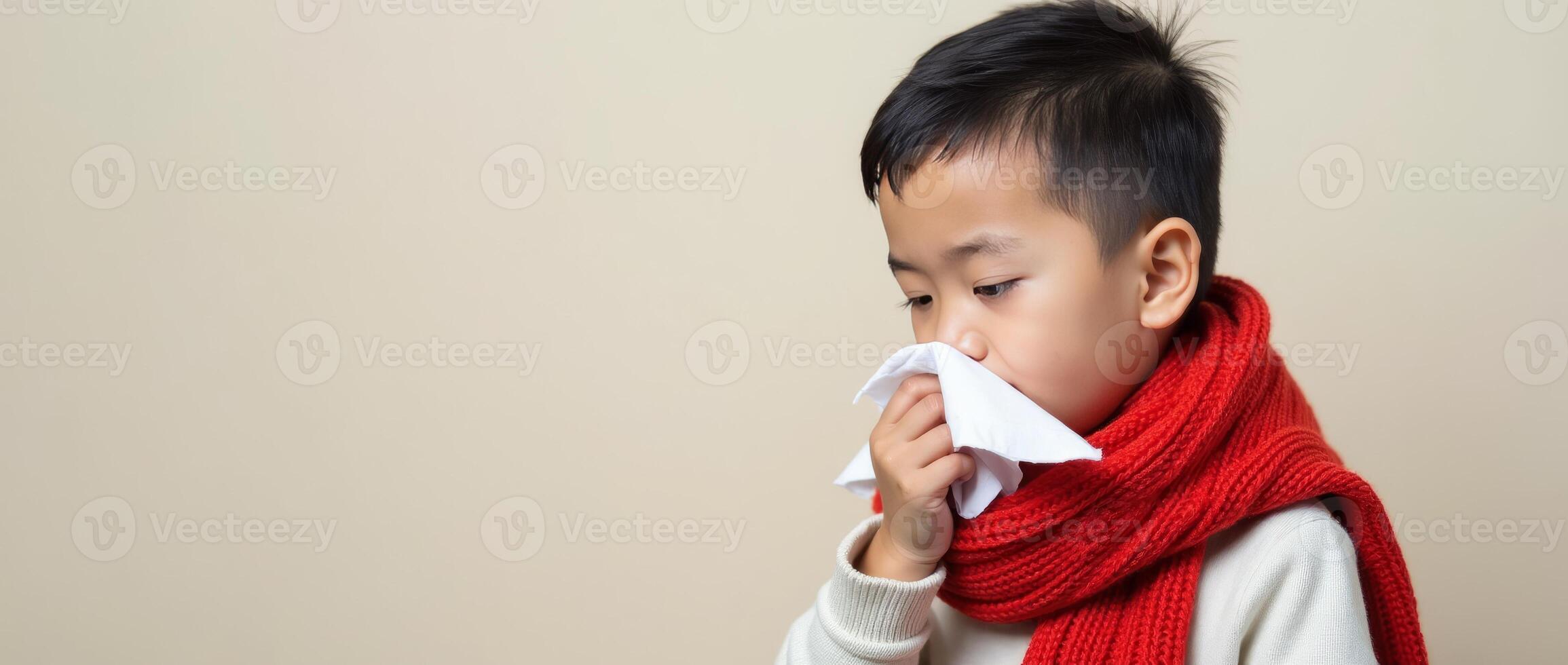 A young child in a red scarf uses a tissue to wipe their nose, set against a plain beige background. Concept of winter and health. Common cold concept. Copy space. photo