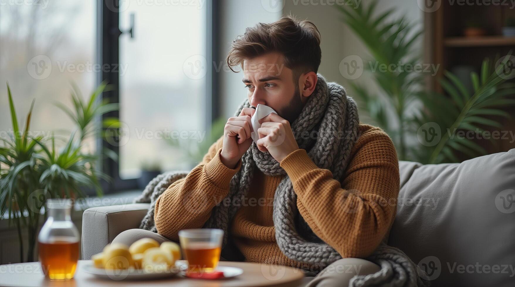 A man wrapped in a thick scarf sits on a couch, blowing his nose into a tissue. A table with tea and lemon sits in the foreground, with houseplants in the background. Concept of cold and flu recovery. photo