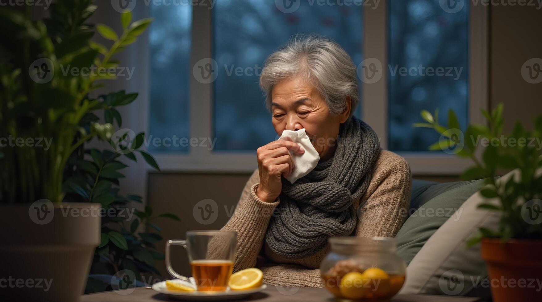 Elderly woman in warm clothing, blowing her nose in a cozy room with plants, tea, and lemon slices, evoking a concept of recovery. Concept of cold and flu season. photo