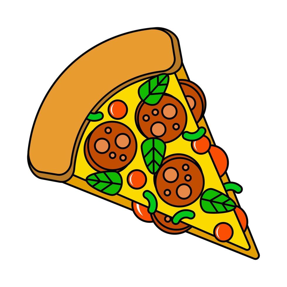 Cartoon slice of pizza. Pizza with sausage, tomatoes and cheese. vector