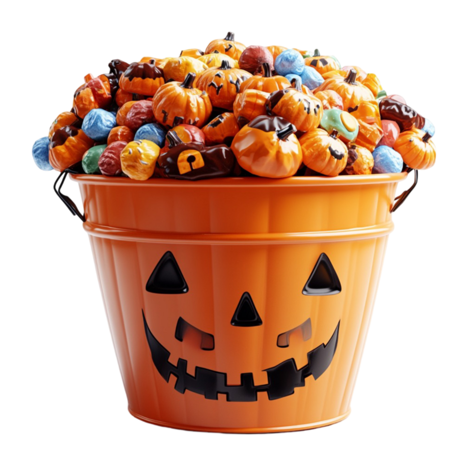 Orange Halloween Pail Filled with Colorful Candies in the Shape of a Pumpkin with a Smiling Face png