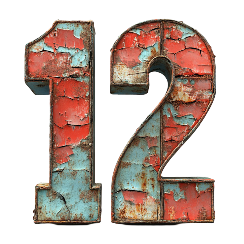 Vintage Distressed Numbers 1 and 2 with Peeling Red and Blue Paint png