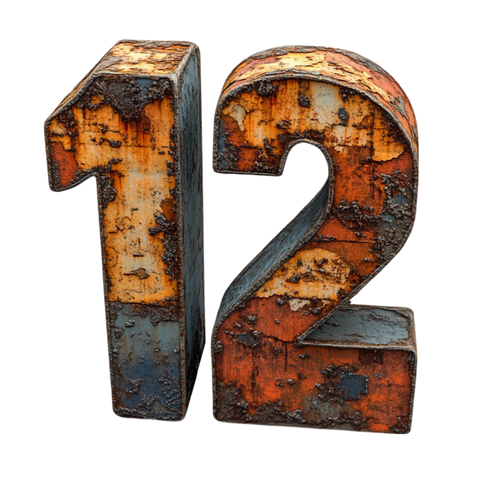 Rusty Distressed 3D Number 12 with Chipped Paint and Rust Patches png