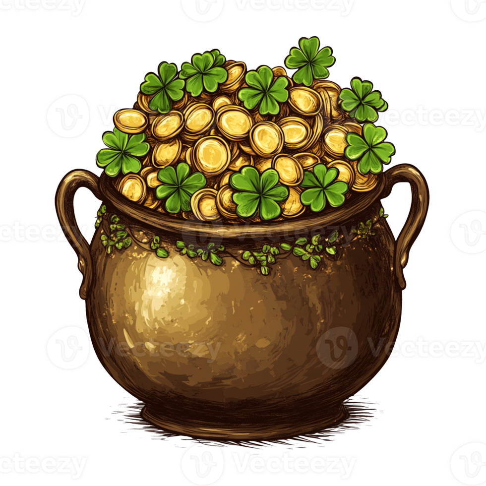 Abundant Treasure Pot Filled with Shiny Gold Coins Glimmering Brightly png