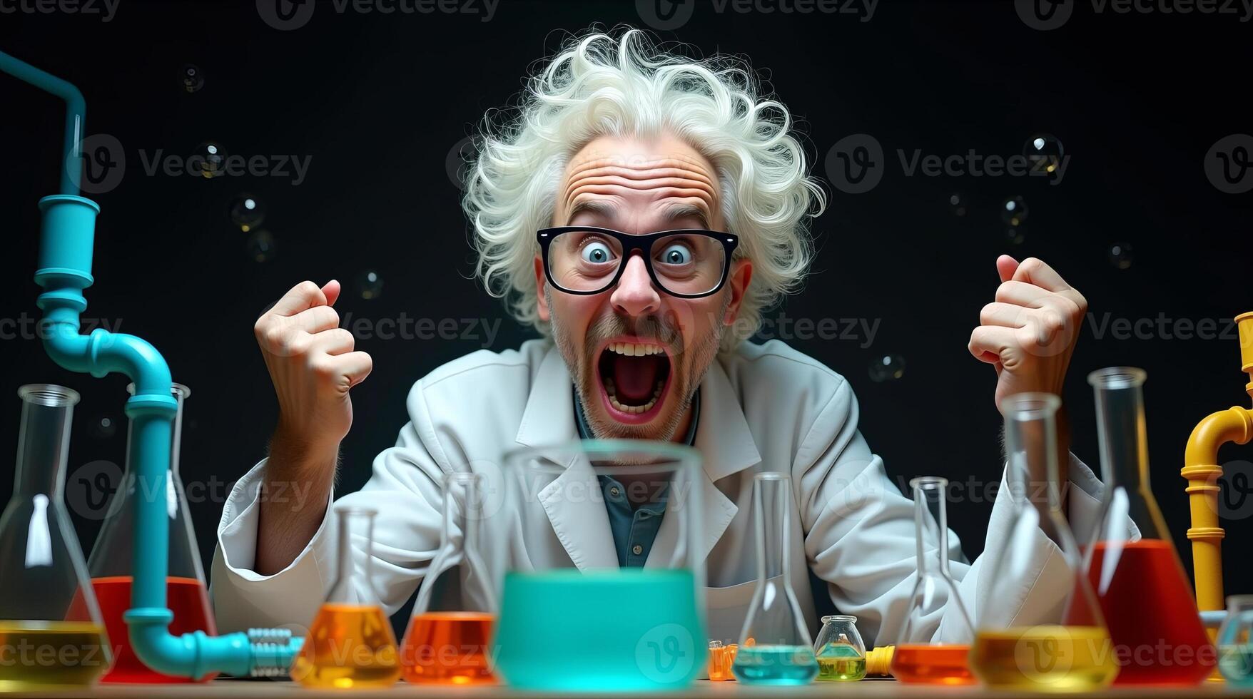 Energetic scientist celebrating a successful experiment with colorful liquids in a modern laboratory. photo