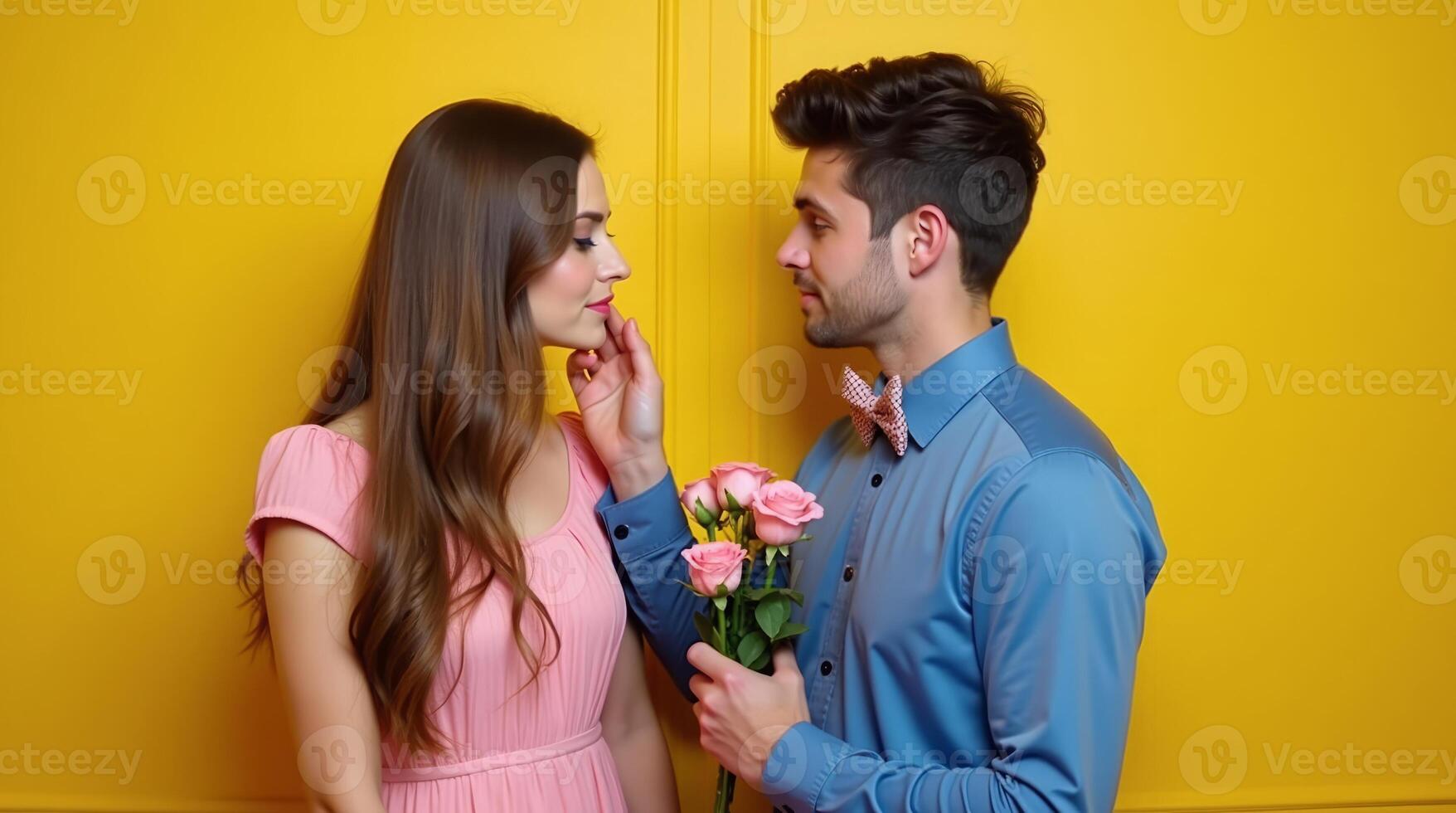 Romantic couple exchanging flowers while smiling against a yellow background. photo