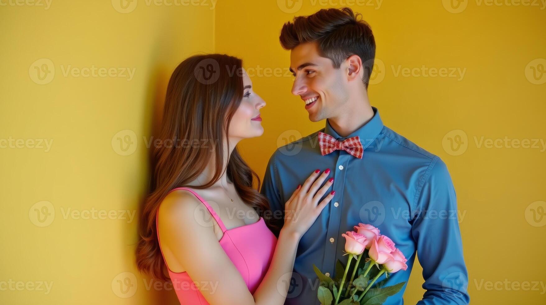 Happy couple sharing a tender moment while holding pink flowers in front of a vibrant backdrop. photo