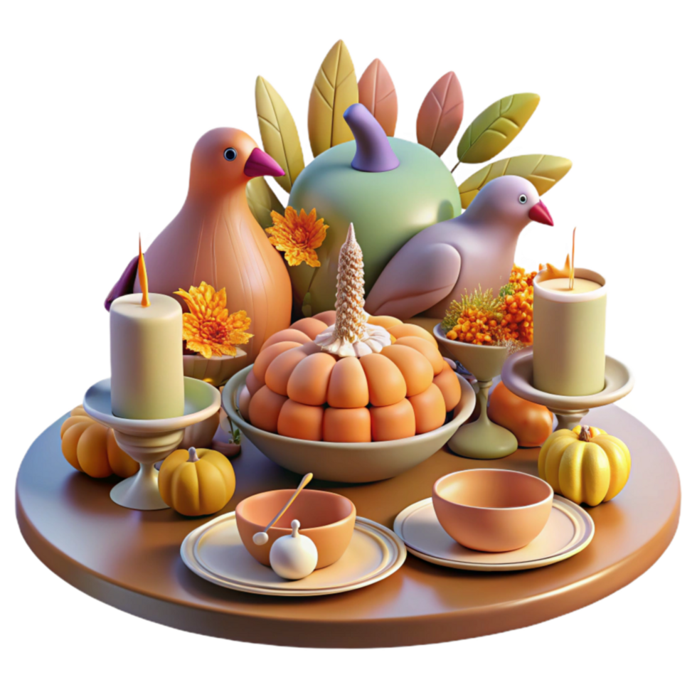 Autumn Harvest Table Setting Pumpkins, Birds, Candles, and Fall Decor png