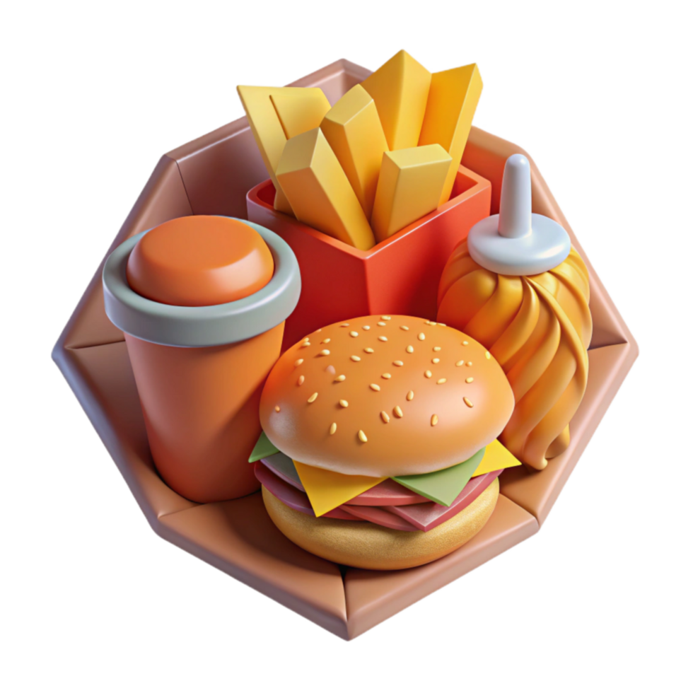 3D Render of Fast Food Meal Burger, Fries, Drink, and Sauce png