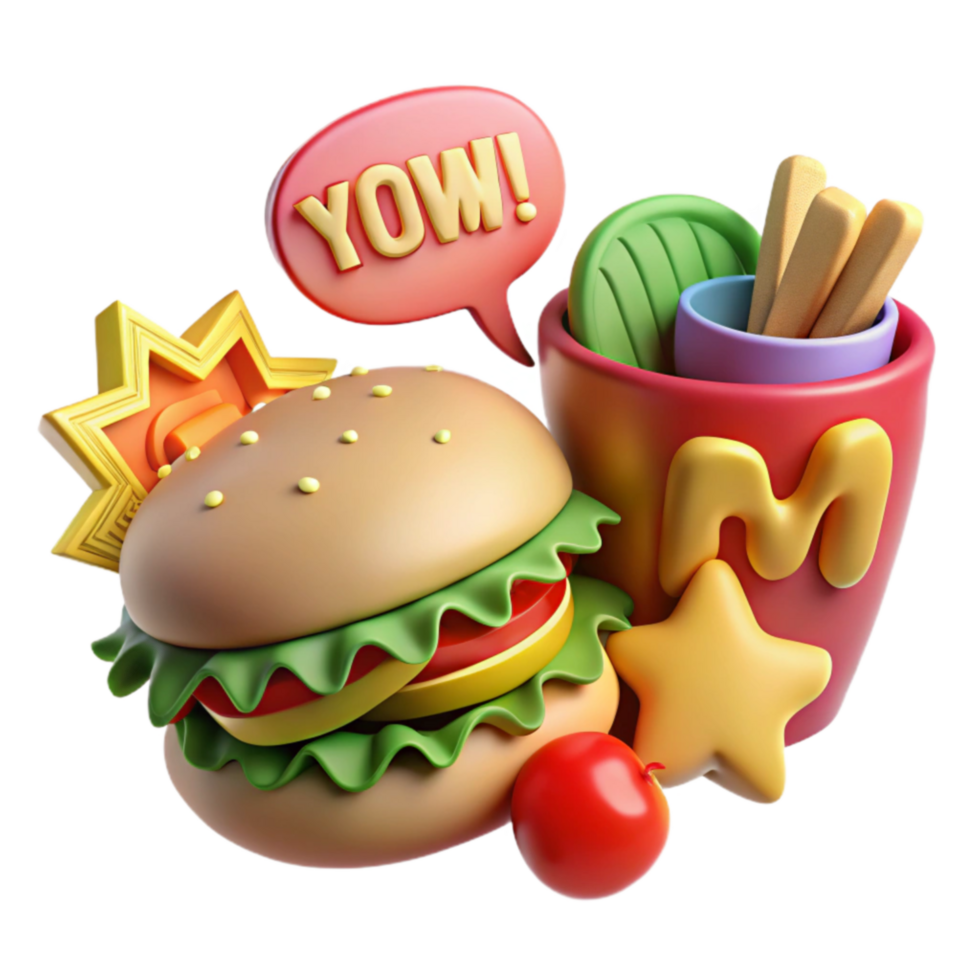 Yummy Burger Meal 3D Cartoon Food Illustration png