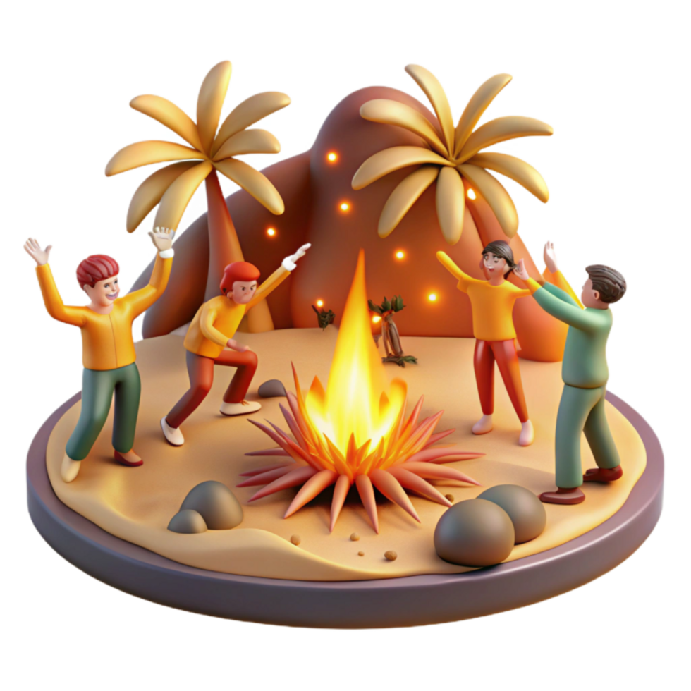 Nighttime Campfire Gathering Friends Enjoying Bonfire under Palm Trees png