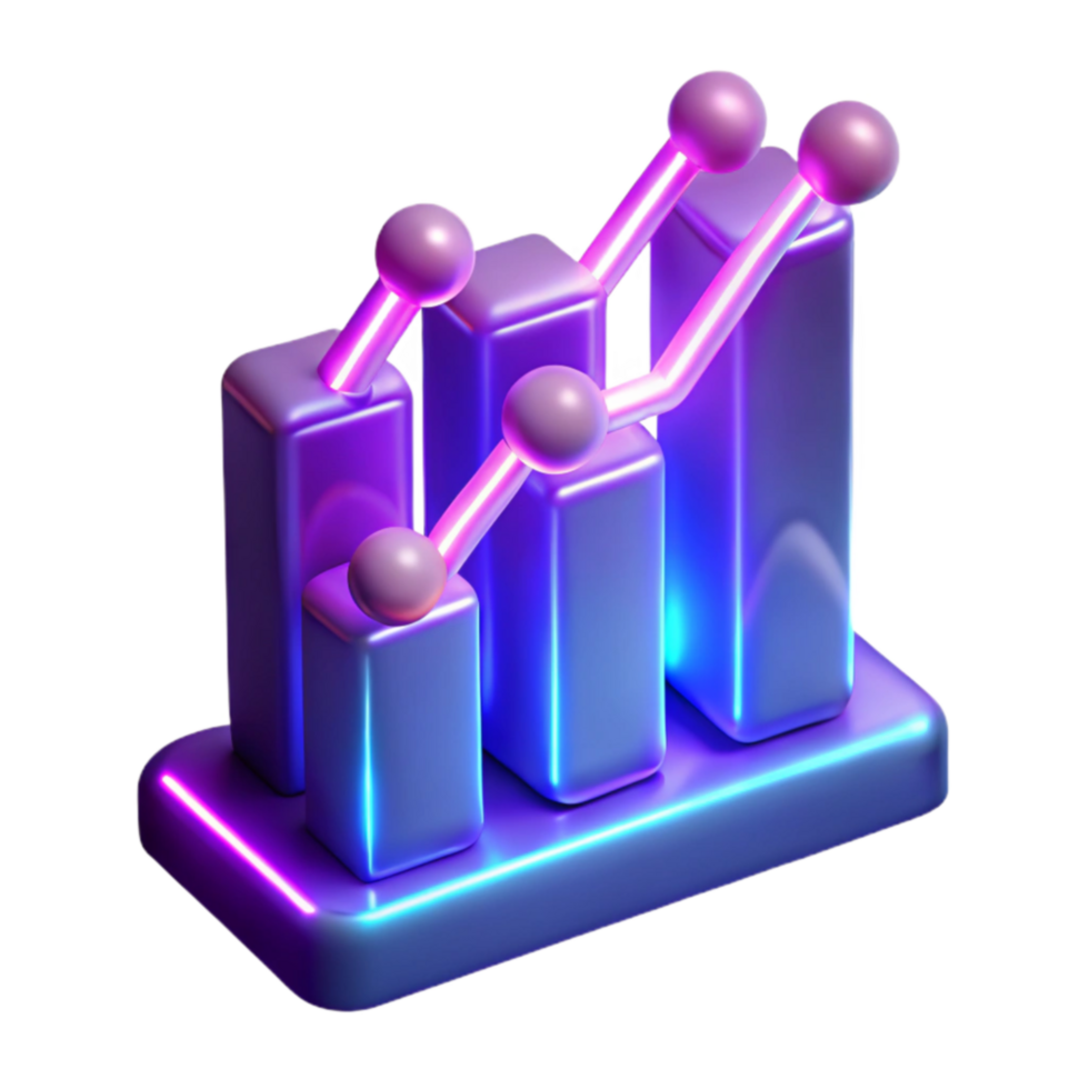 Data Growth Visualization Upward Trend, 3D Bar Chart, Neon Glow png