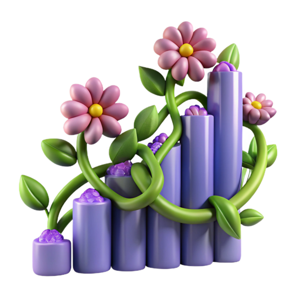 Floral Growth Chart 3D Render of Blooming Flowers on Ascending Columns png