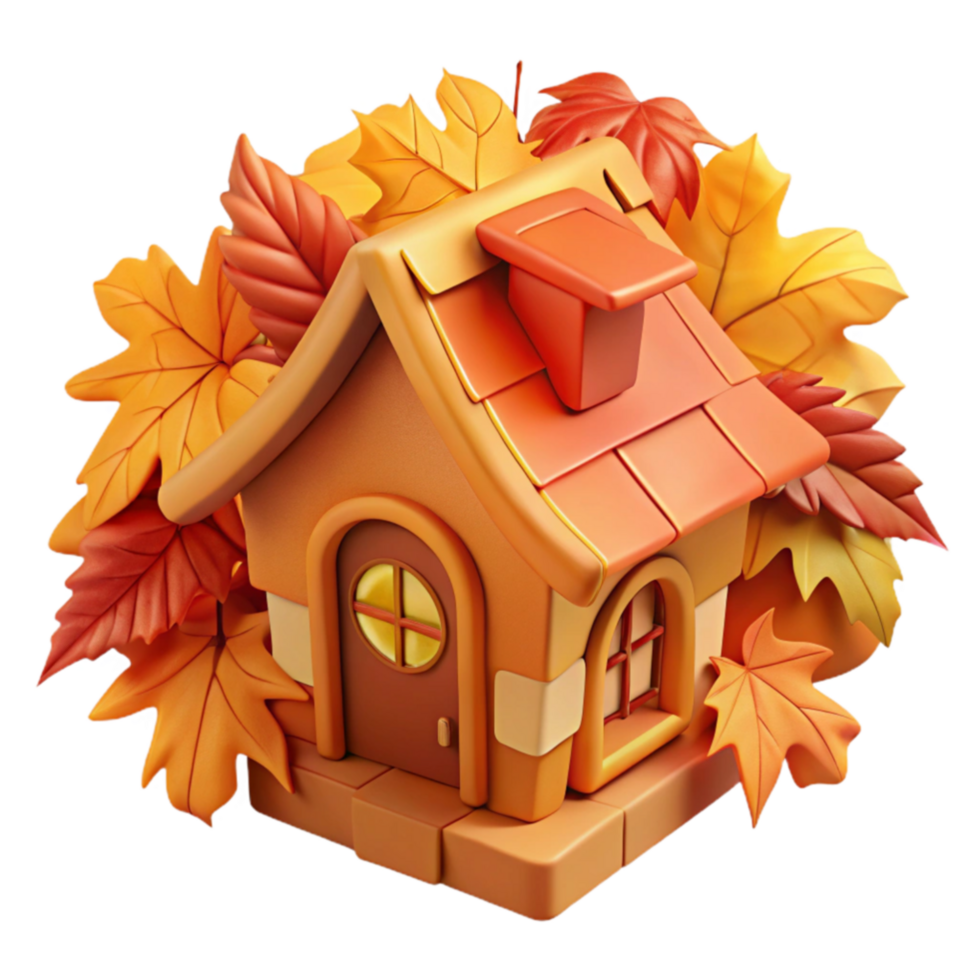 Autumn Cottage 3D Render of House with Fall Leaves png