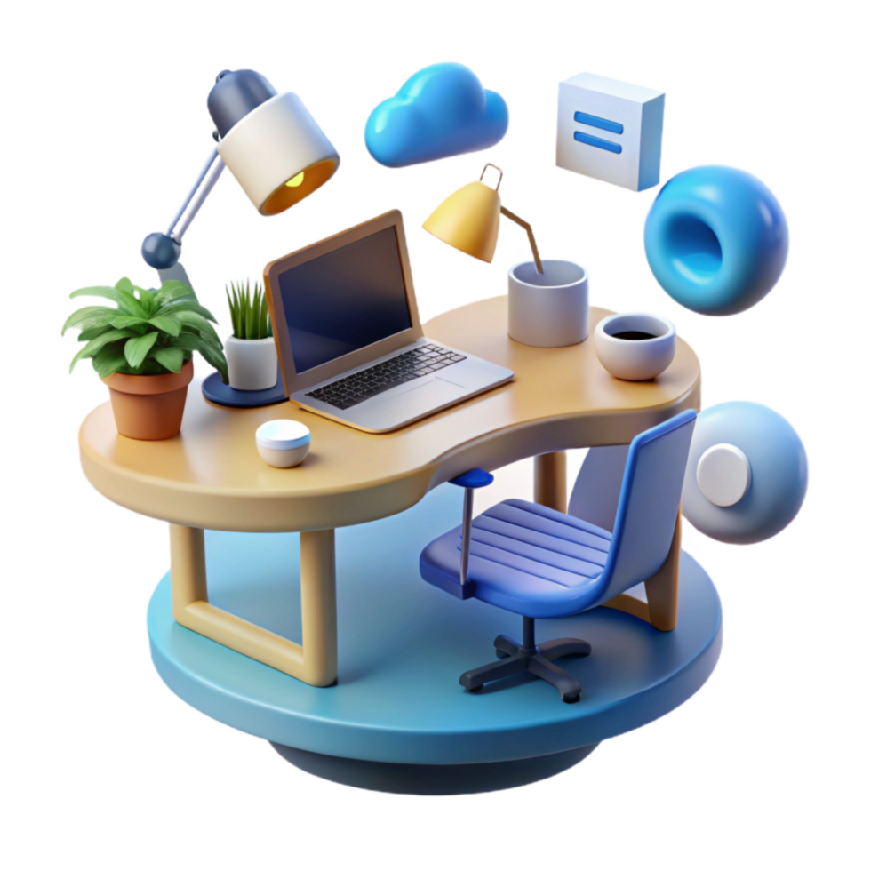 Modern Home Office Setup Desk, Laptop, Smart Devices, and Cloud png