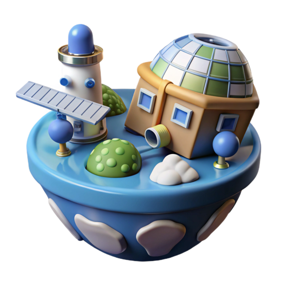 Whimsical 3D Render Tiny Planet with Observatory, Lighthouse, and Satellite png