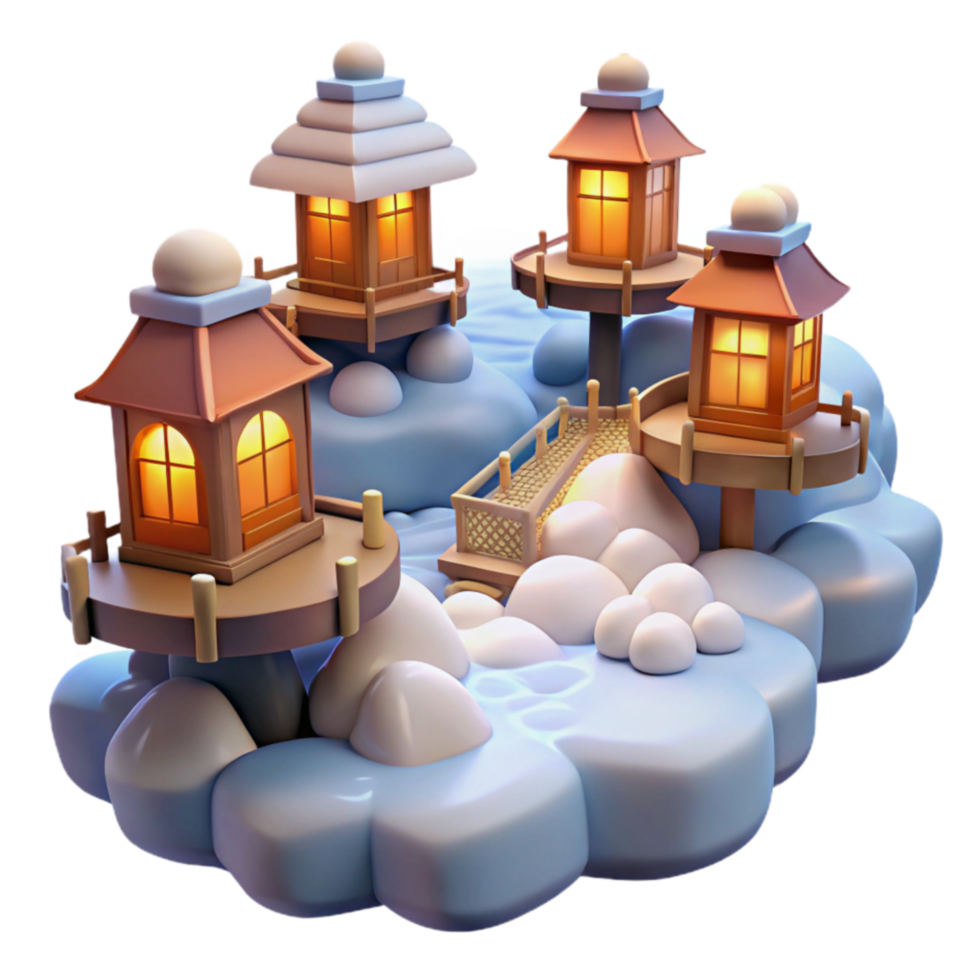 Enchanted Winter Village 3D Render of Cozy Illuminated Houses on Snowy Island png