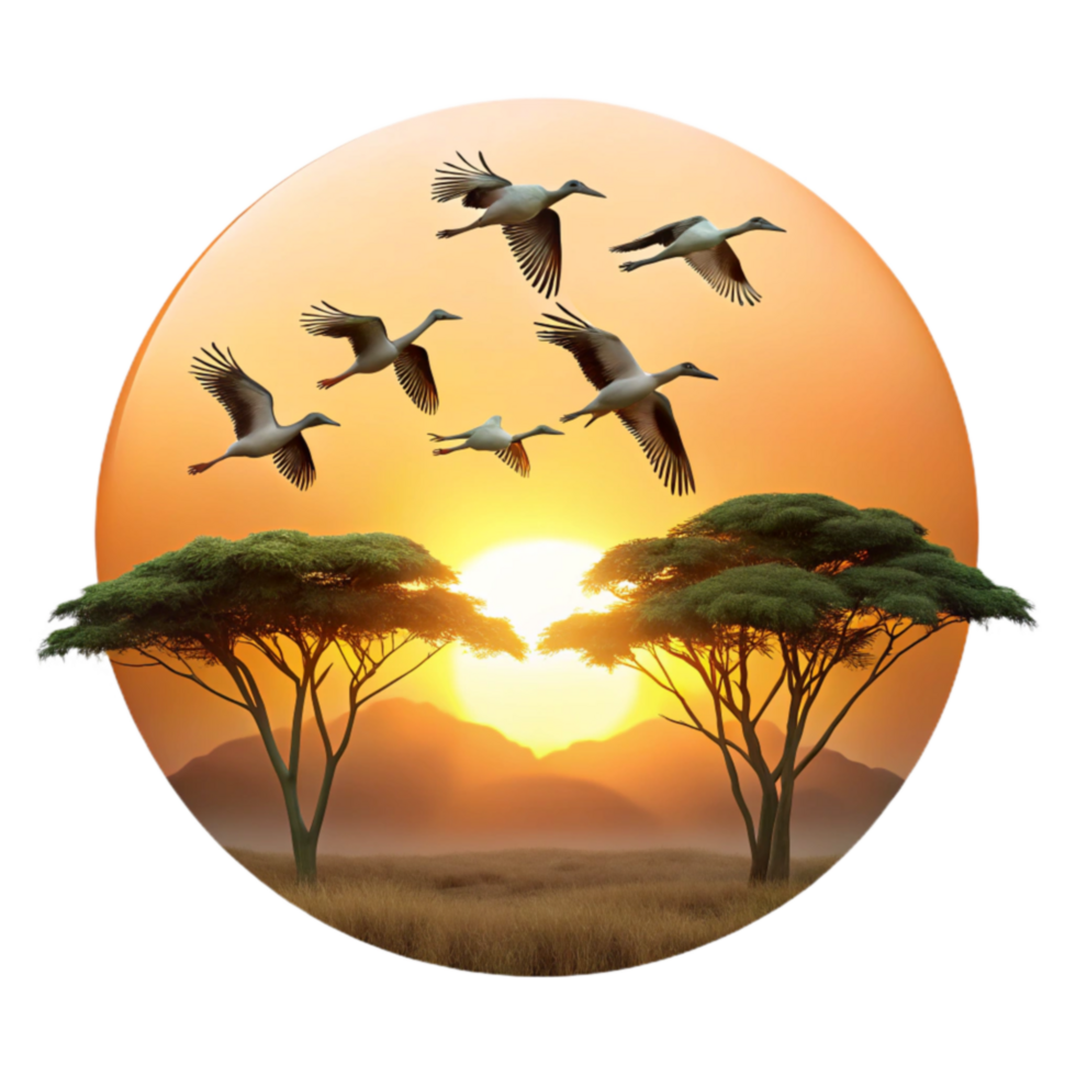 African Sunset Birds in Flight Over Savanna png
