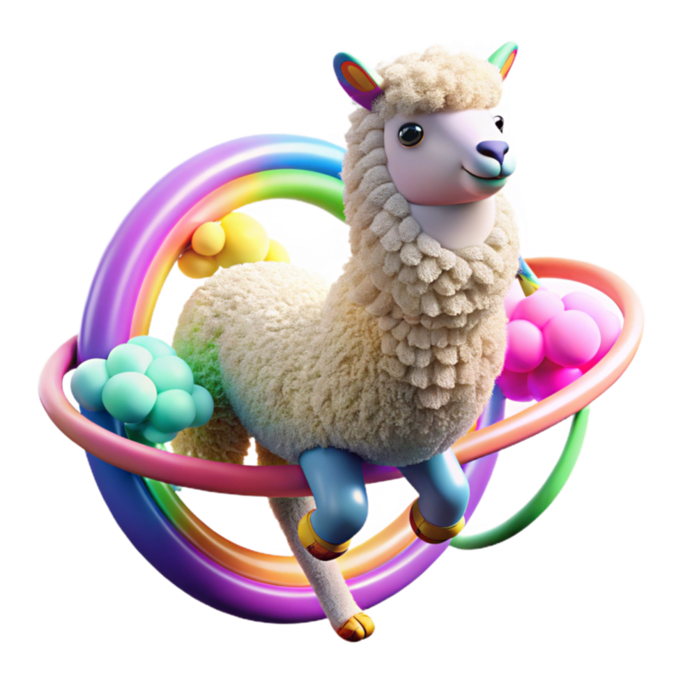 Fluffy Llama in a Rainbow Orbit 3D Render png