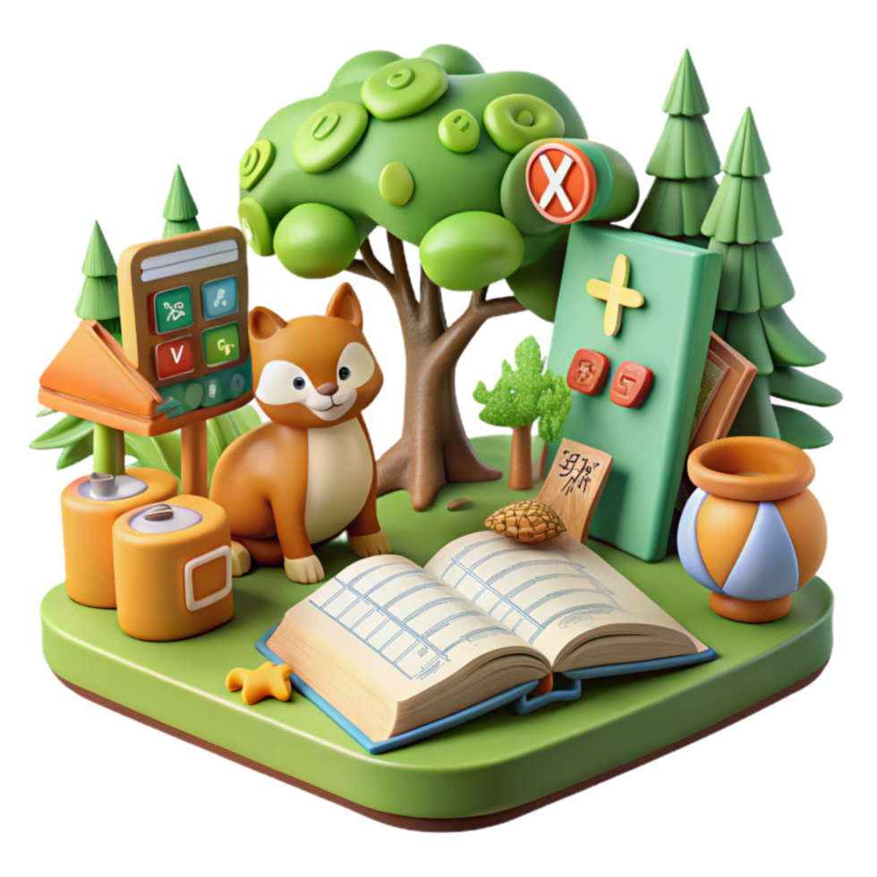 Forest Animal Adventure Open Book, Nature Exploration, Cute Fox, Educational Scene, 3D Render png