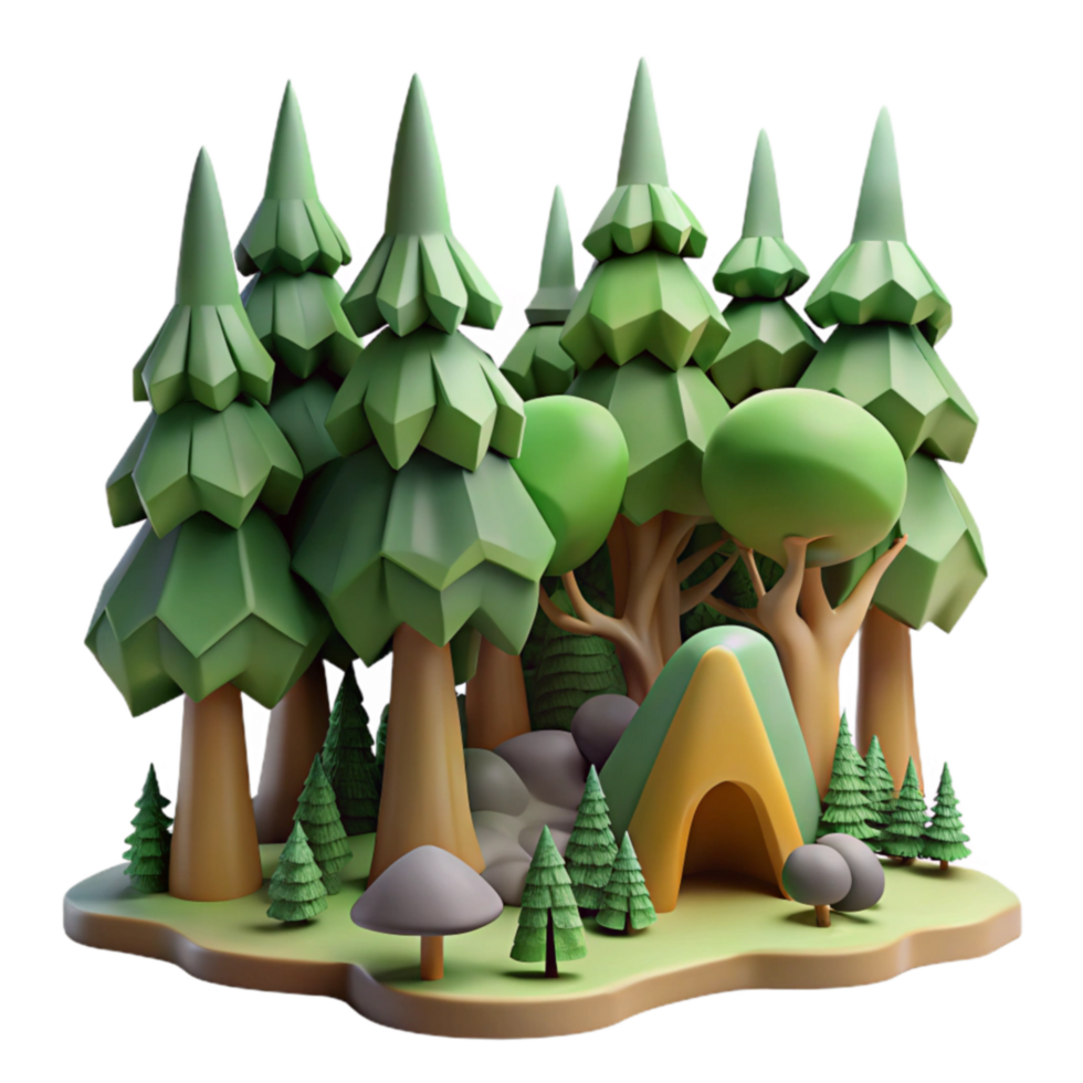 Camping in a Low-Poly Forest 3D Render of Tent and Trees png