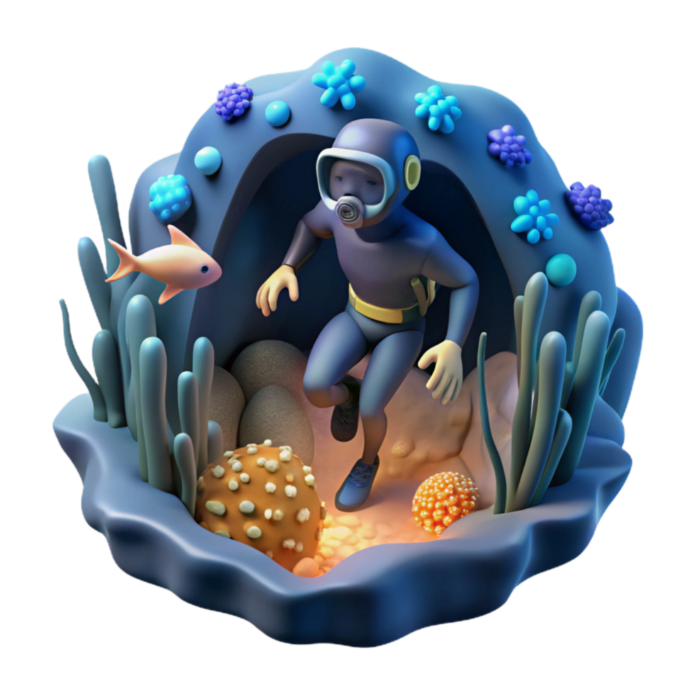 Undersea Diver Exploring Ocean Cave 3D Render png