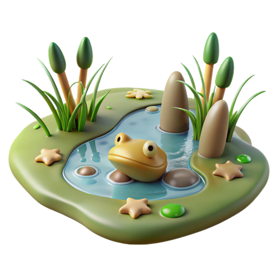 Cartoon Frog in Pond 3D Render of Amphibian Habitat png
