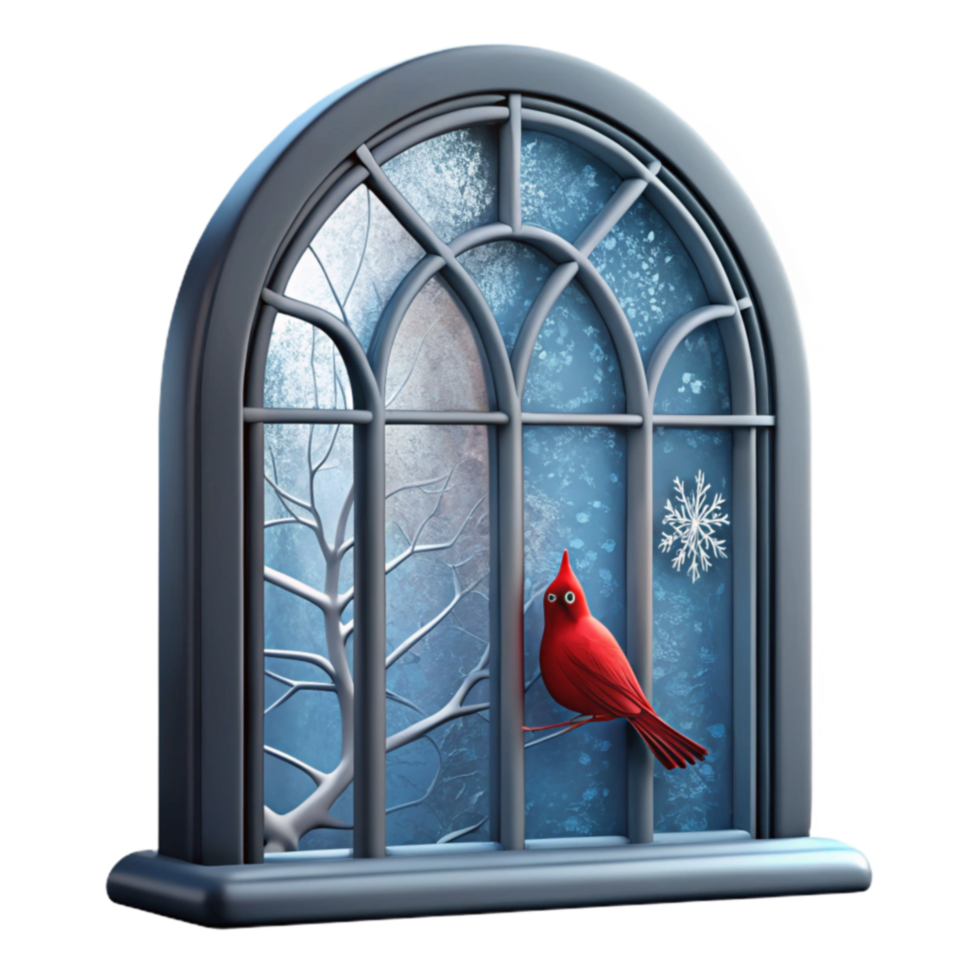 Winter Window Scene Cardinal, Snowflakes, and Frosty Trees png