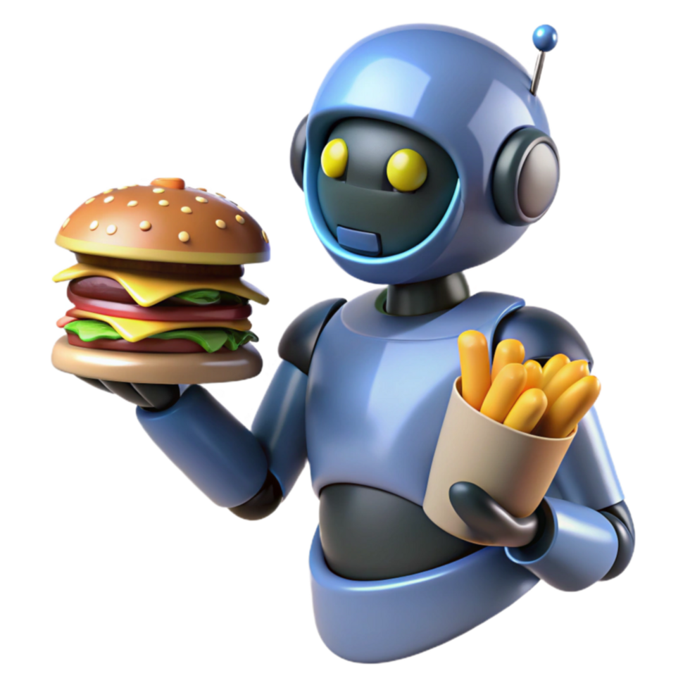 Robot Holding Burger and Fries 3D Render png