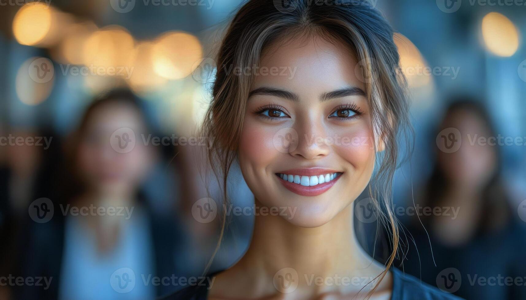 Young woman smiles brightly in a vibrant indoor space filled with warm lights photo