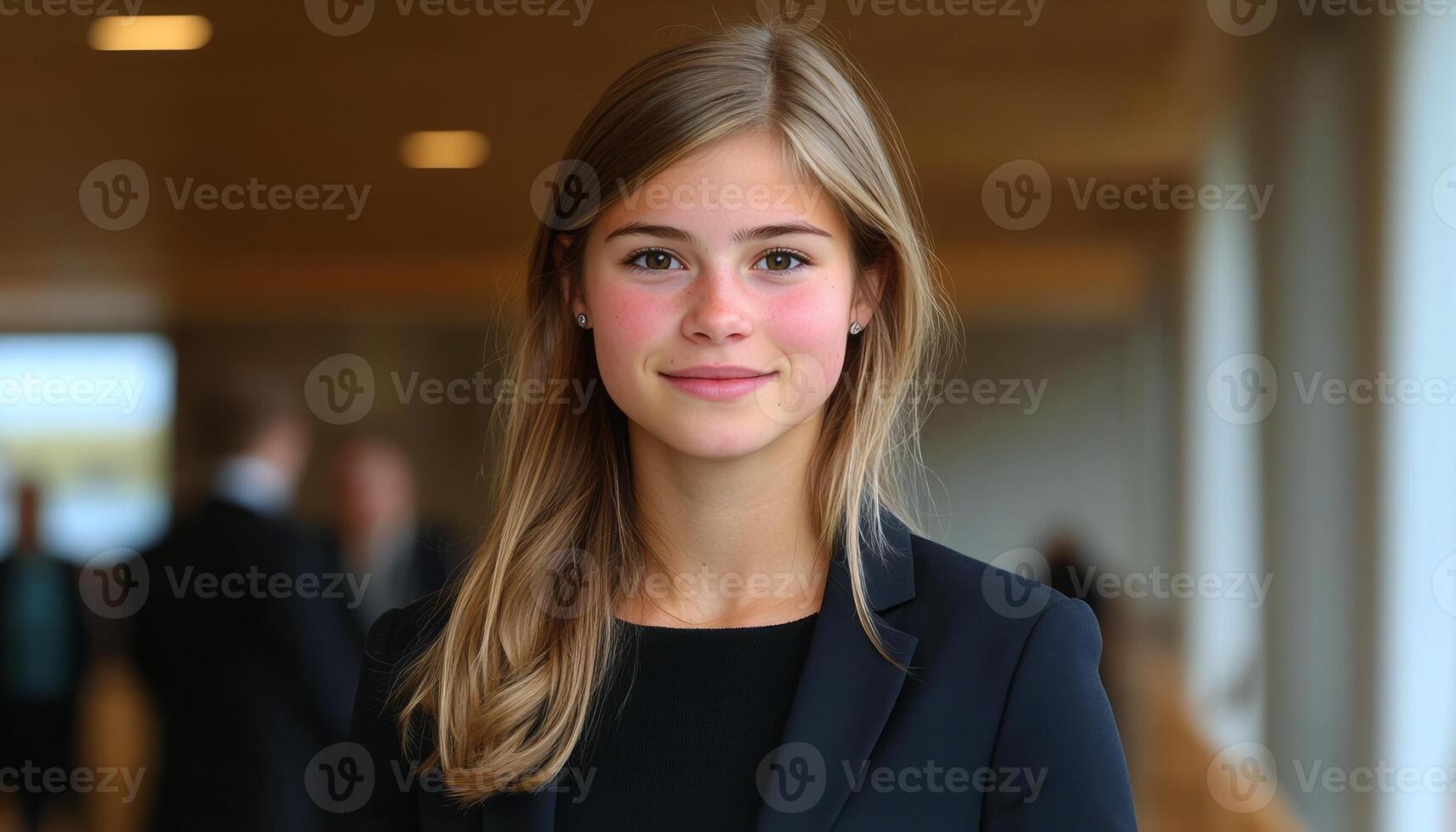 Young woman with long hair wears a blazer and smiles in a modern office setting photo