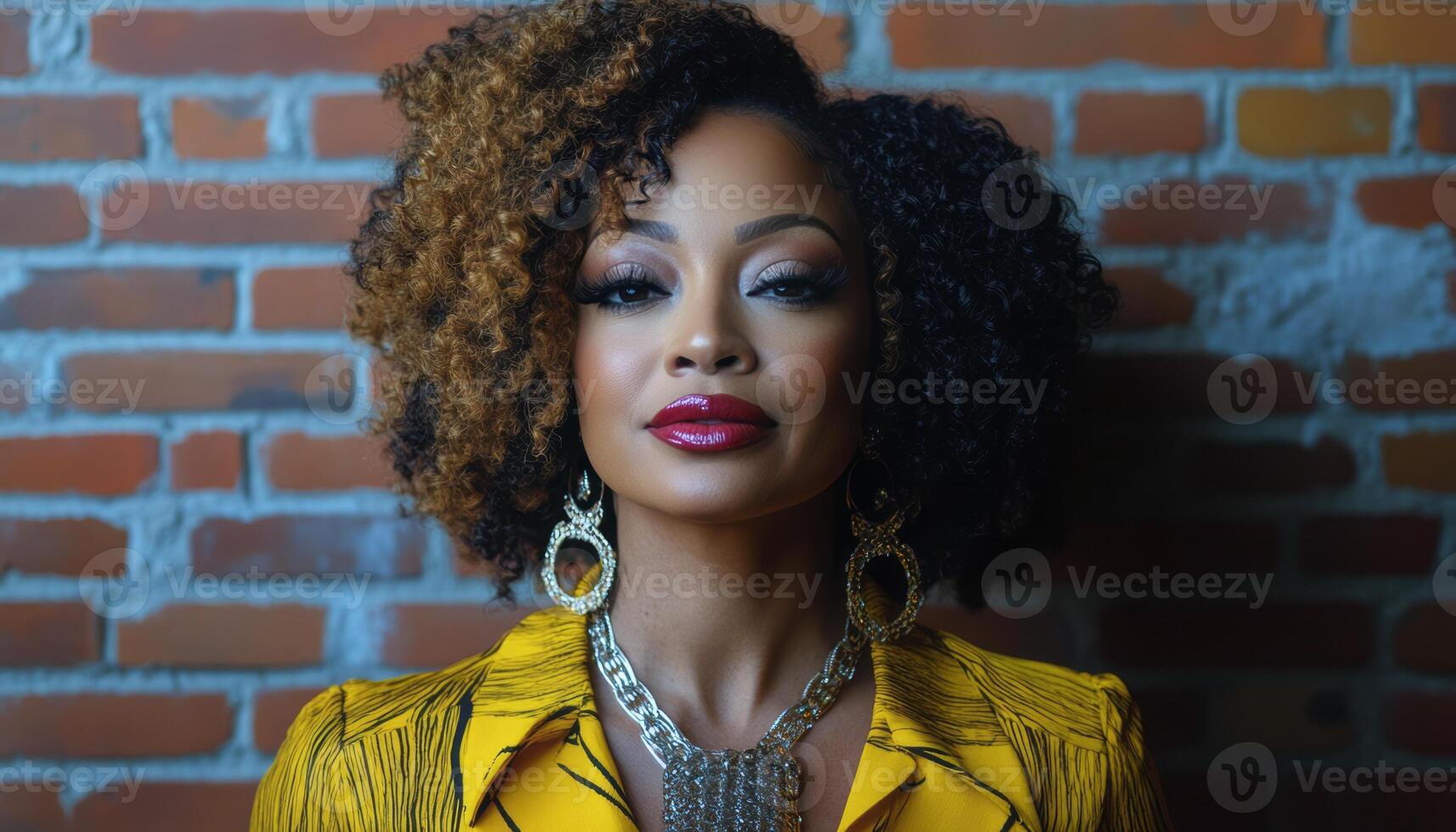 Woman exudes confidence in vibrant outfit, showcasing natural curls and striking jewelry photo