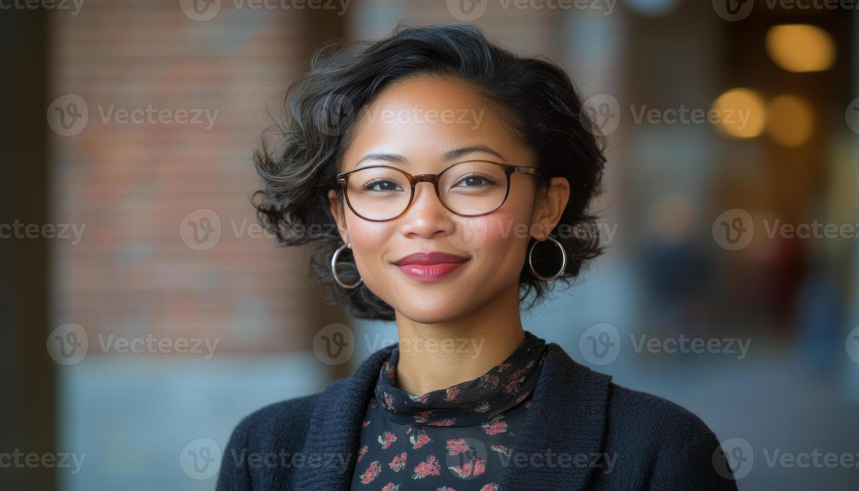 A young woman with stylish glasses smiles warmly while standing in an urban area photo
