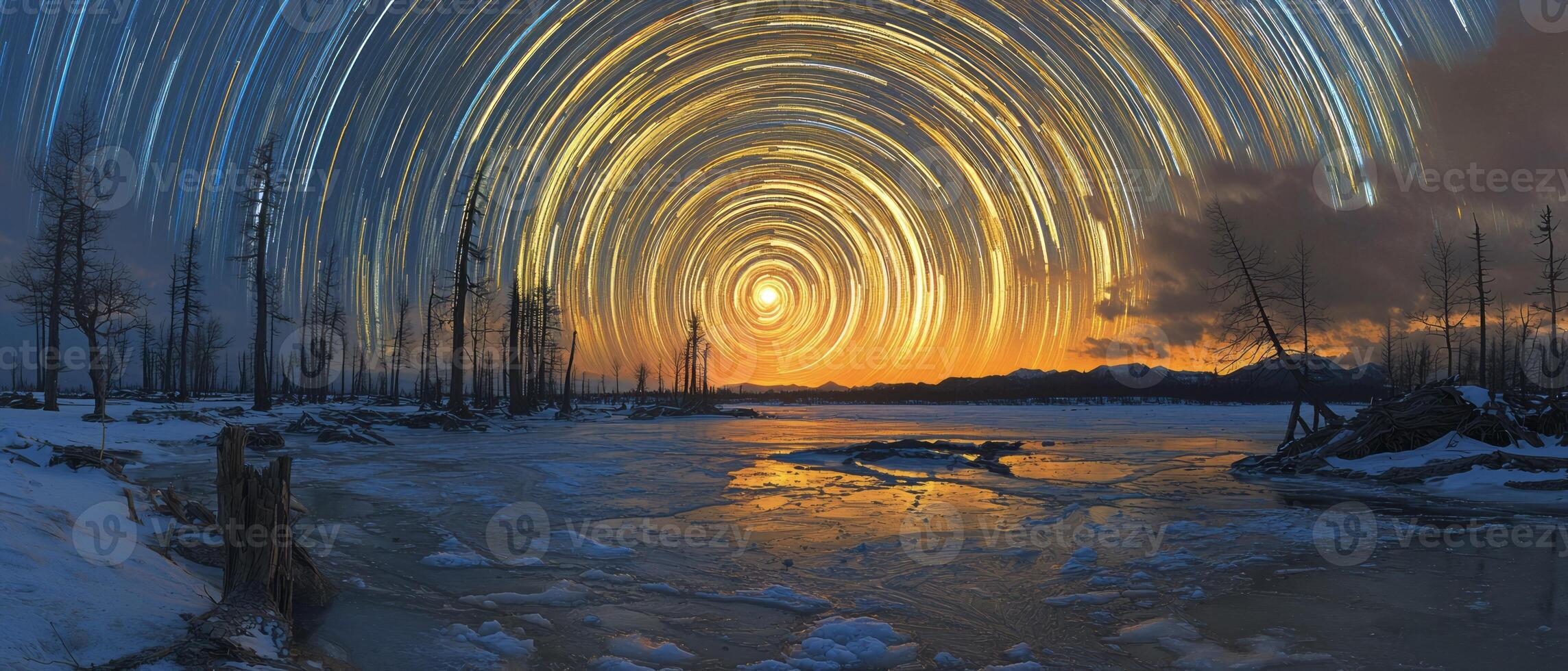 Long exposure captures swirling star trails above a frozen lake at sunset in winter photo