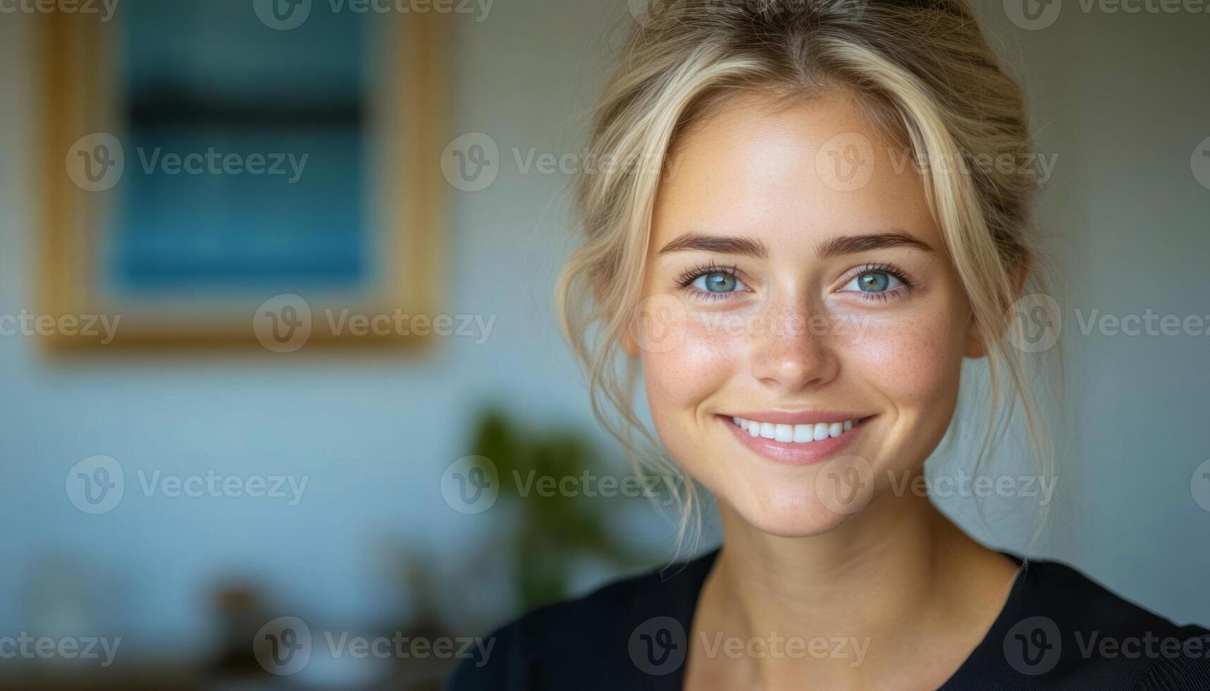 Cheerful woman with blonde hair smiles warmly, bringing joy to the serene space photo
