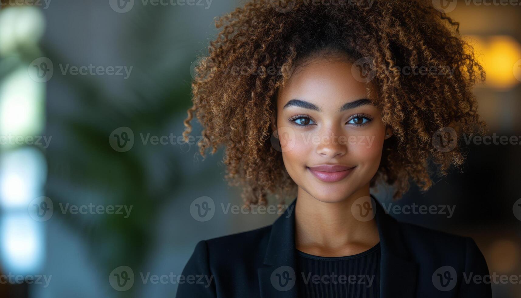 Young woman with curly hair smiles confidently in a modern indoor environment photo