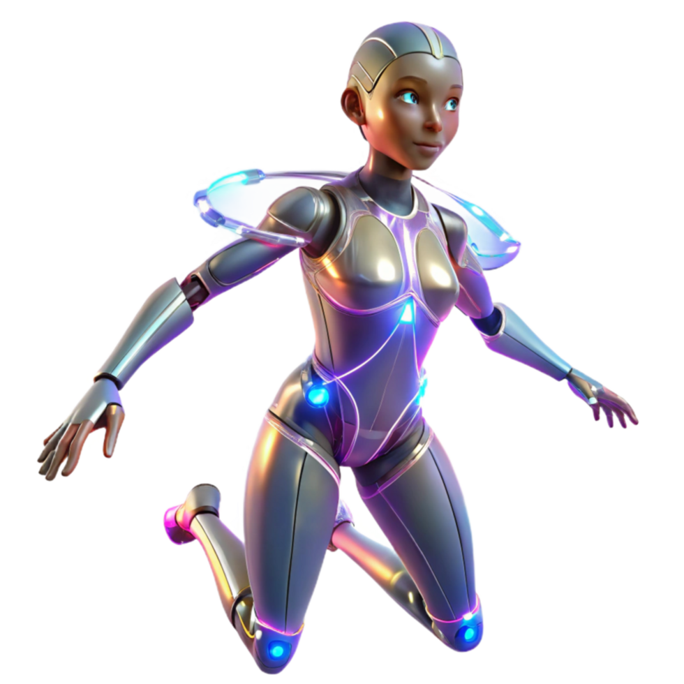 Futuristic Female Robot Kneeling Pose, Glowing Lights, Sci-Fi Art png
