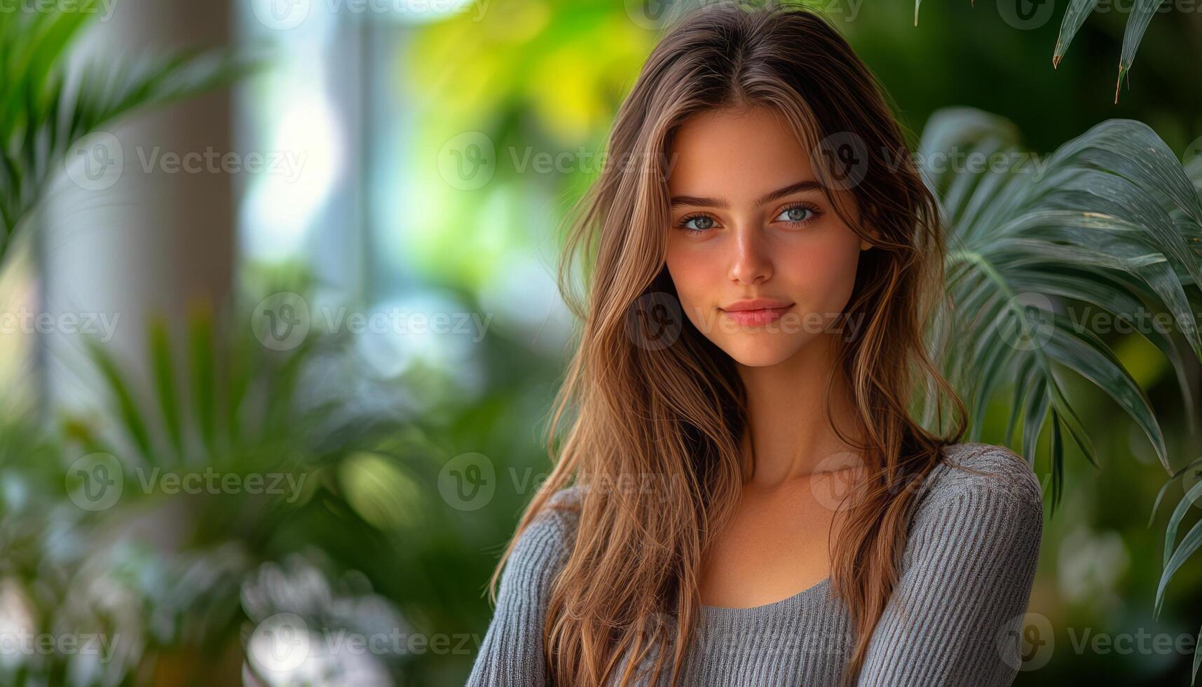 Woman with long hair stands confidently in a bright, green indoor garden setting photo