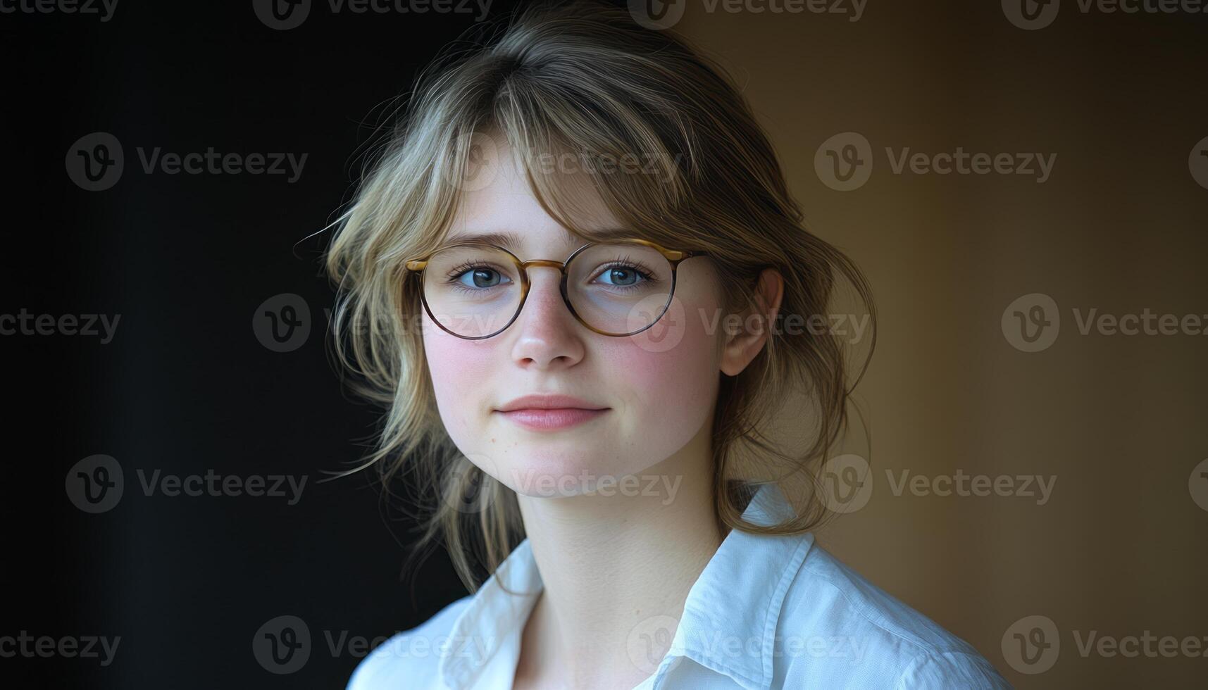 A young woman with glasses and neutral expression sits indoors, captured in soft lighting photo