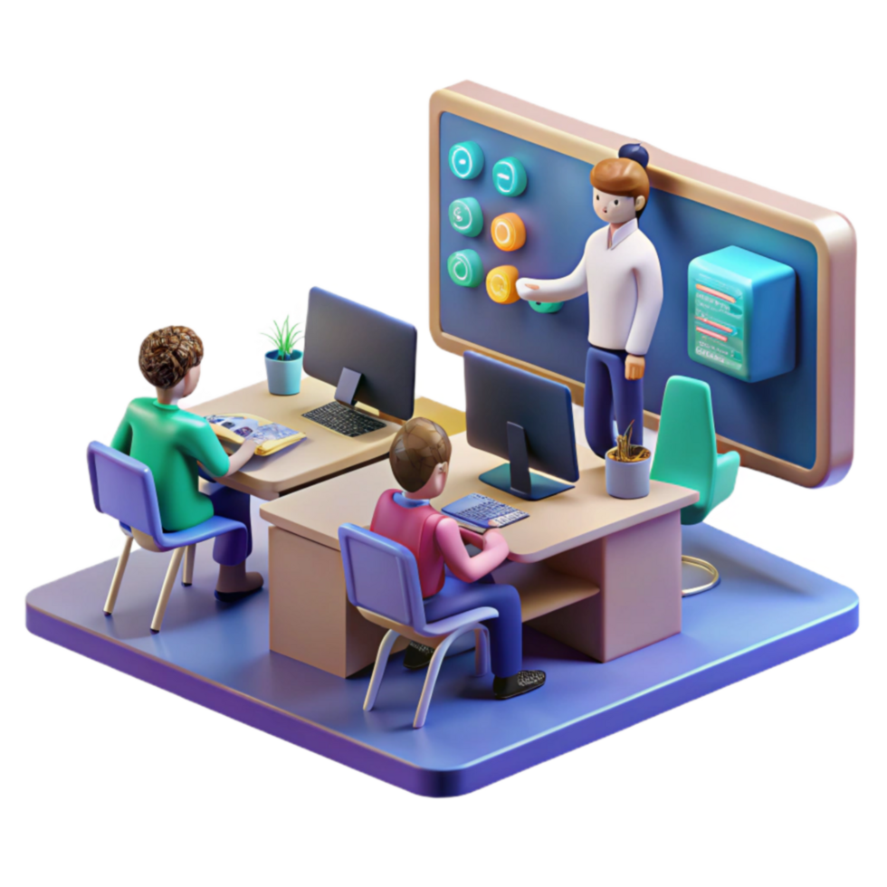 Interactive Online Learning A 3D Render of Students in a Digital Classroom png