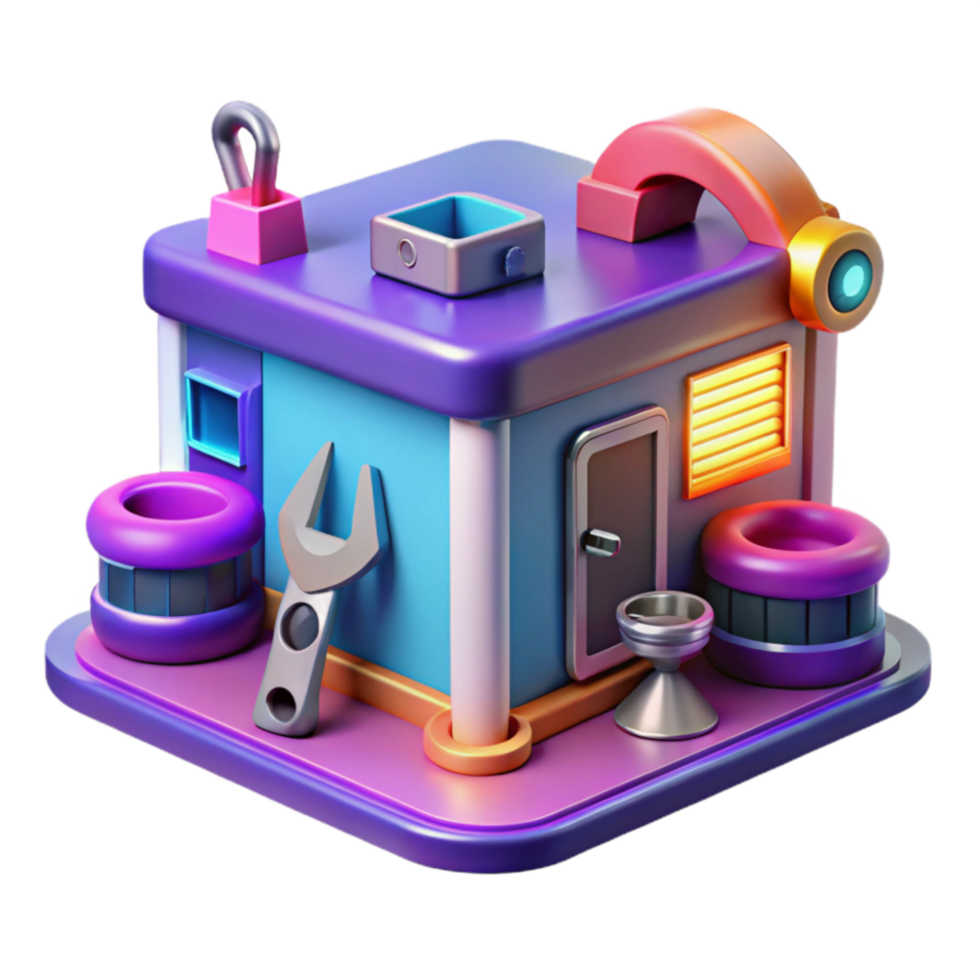 3D Render of Colorful Repair Shop Tools Building png